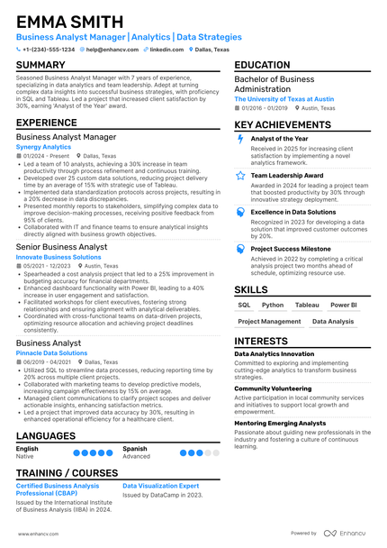 A resume example of a Business Analyst Manager