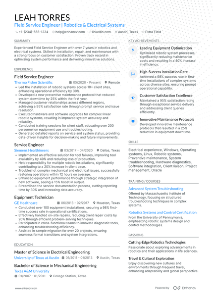 A resume example of a Biomedical Field Service Engineer