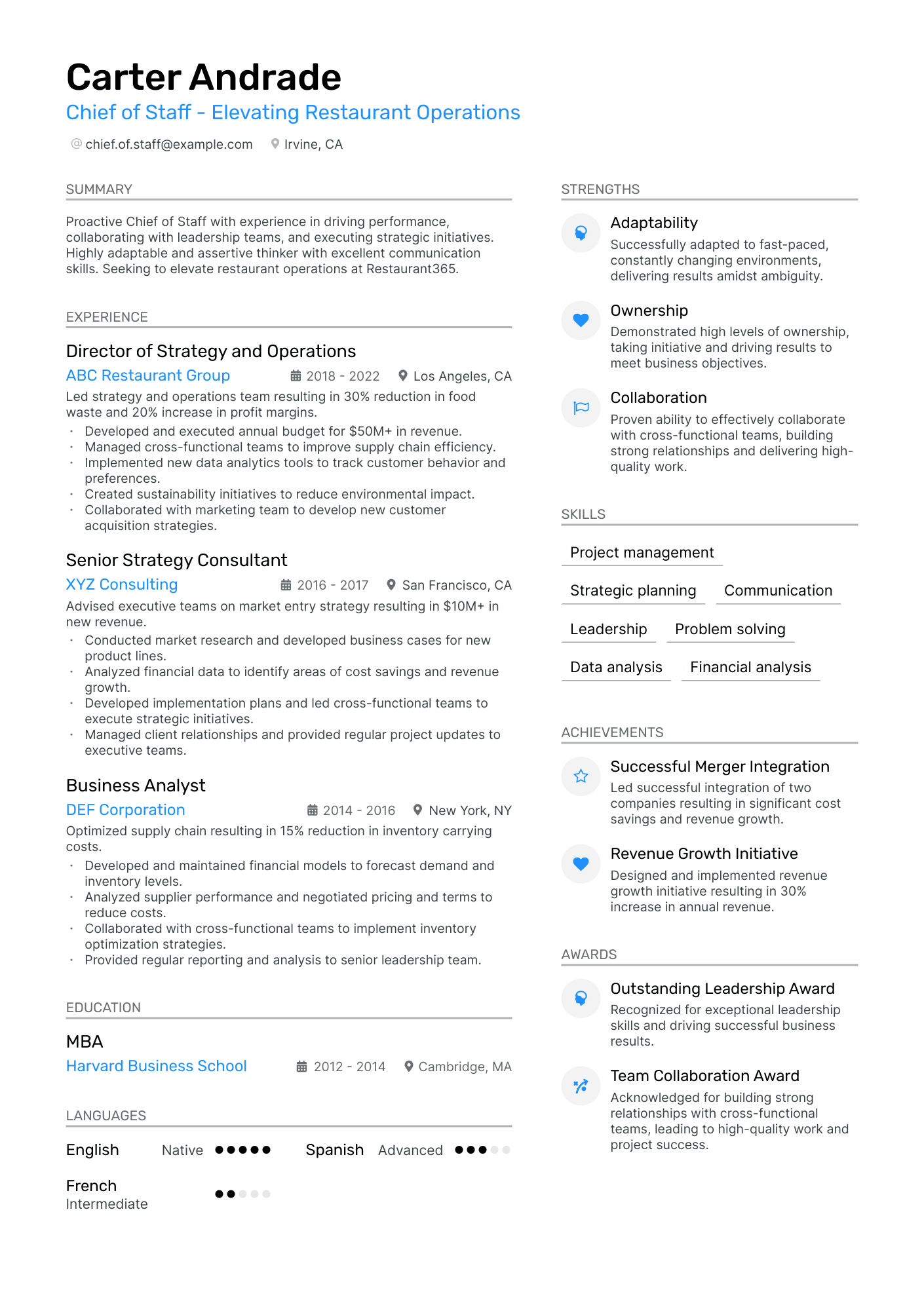 Chief of Staff resume example