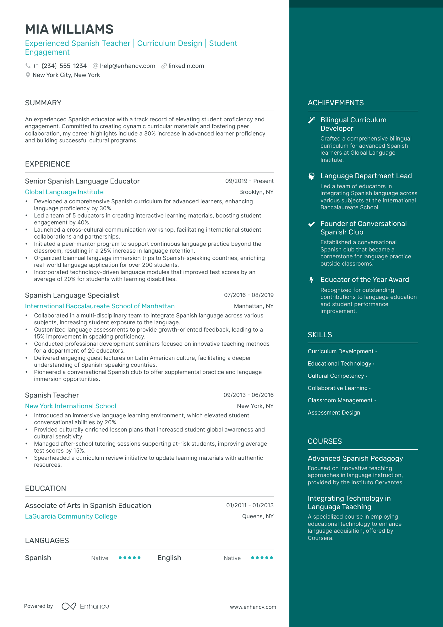 5 Spanish Teacher Resume Examples & Guide for 2024