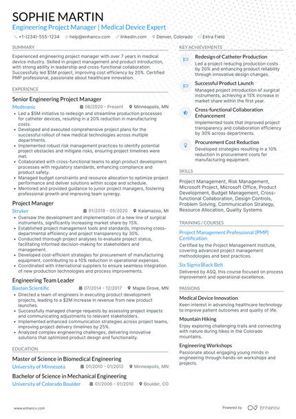 A resume example of a Biomedical Engineering Project Manager