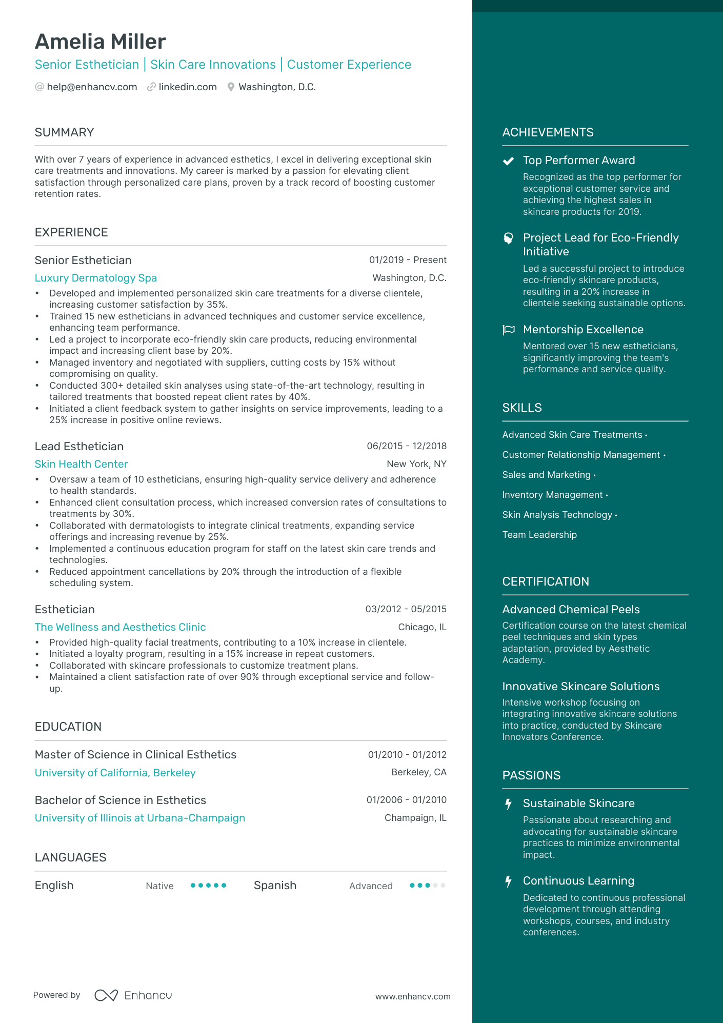 Esthetician resume example