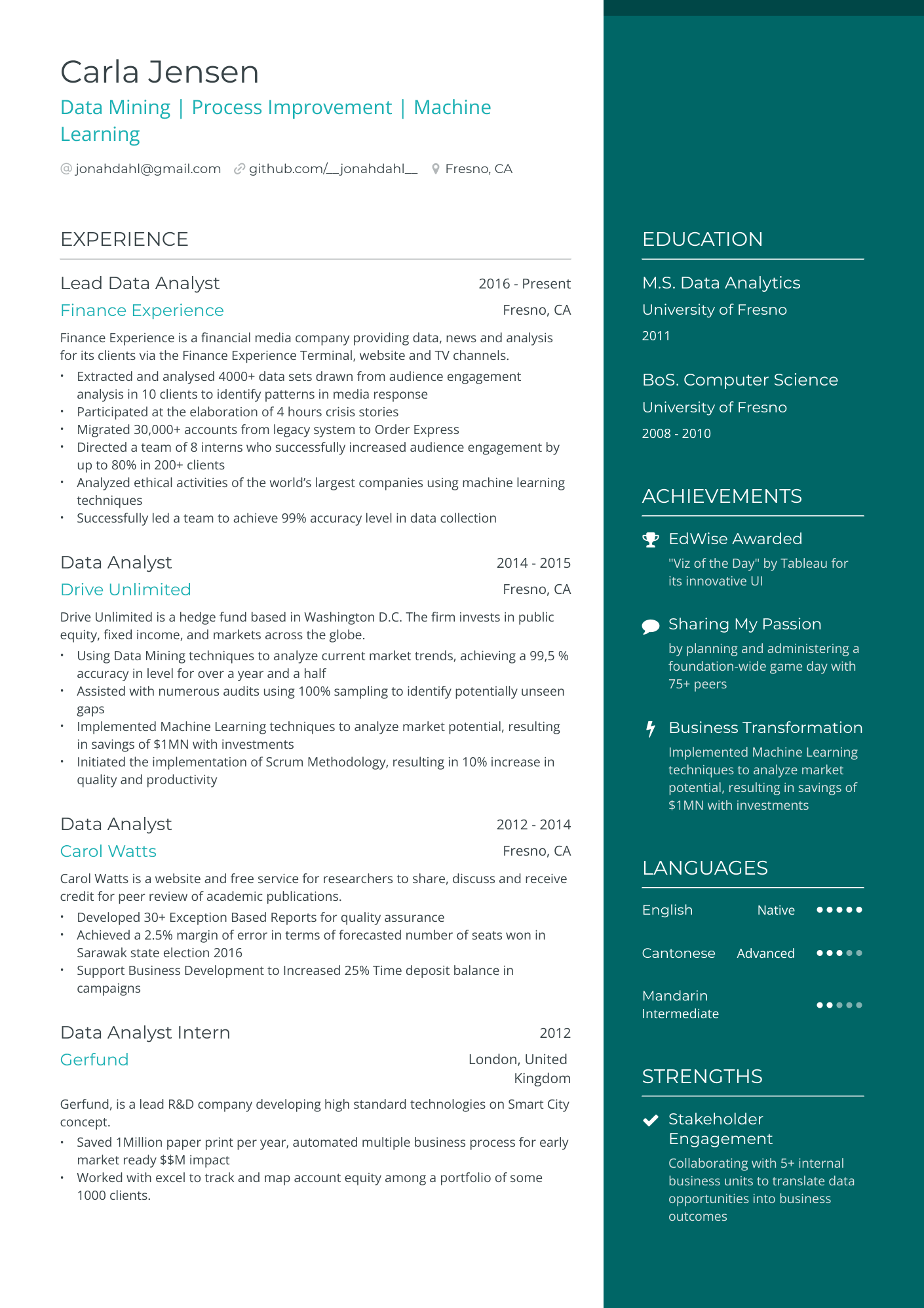Data Mining resume example