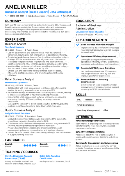A resume example of a Business Analyst Retail