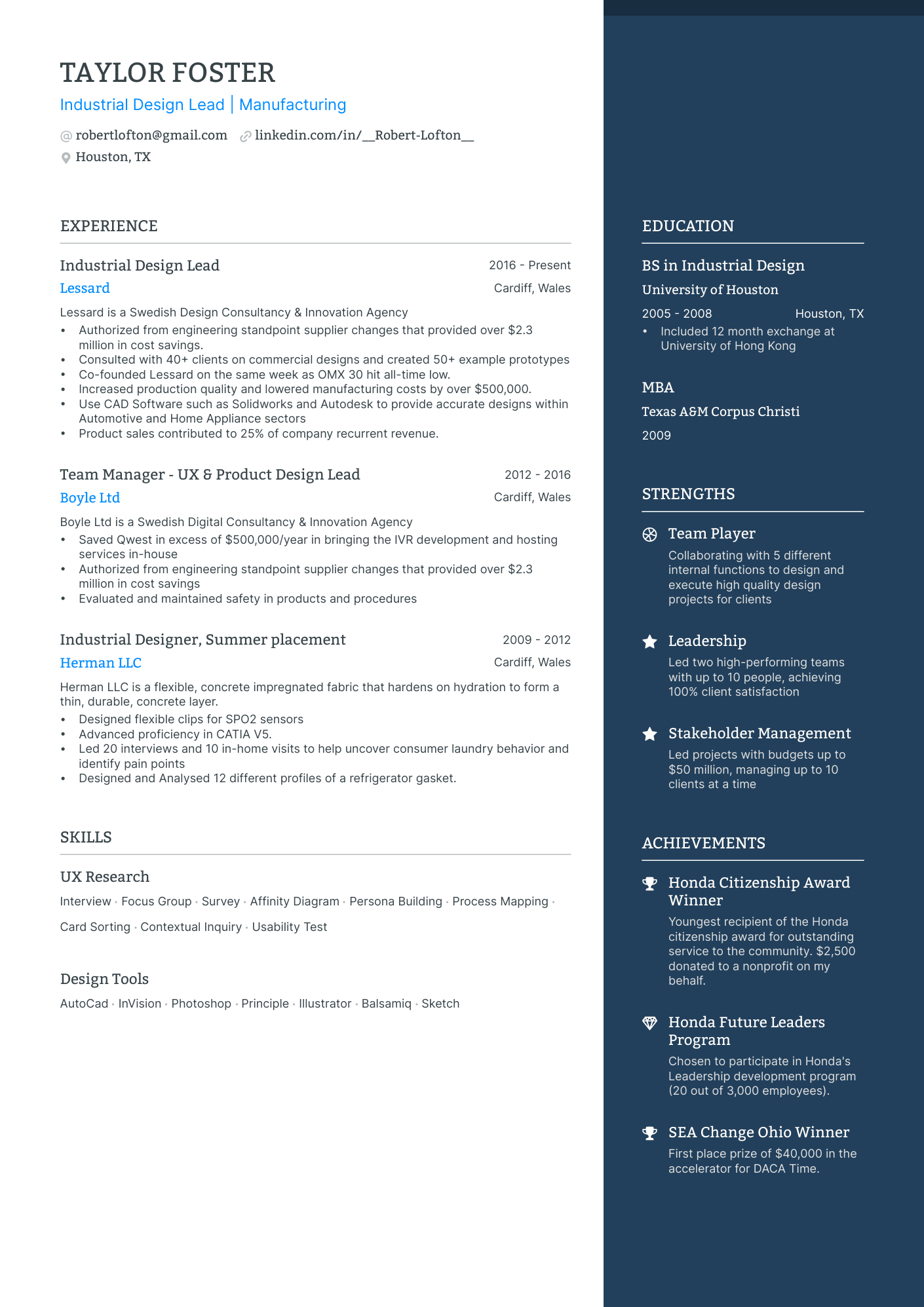 Industrial Design resume example