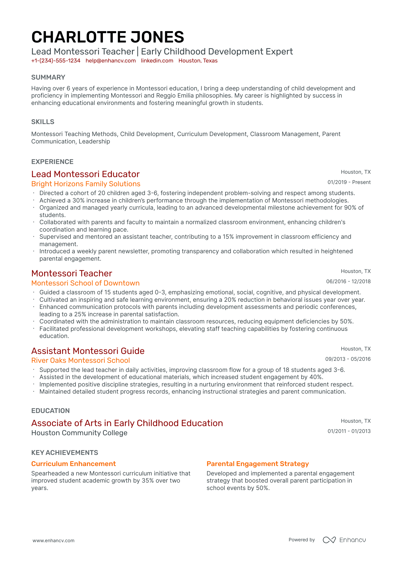 10 Montessori Teacher Resume Examples - AHR0cHM6Ly9jZG4uZW5oYW5jdi5jb20vcHJlZGVmaW5lZC1leGFtcGxlcy9WRXFVbEJvd0pMb1VIZENmd0JrcVlJWmt1RWlLWlYxYTUwWjdVb0cxL2ltYWdlLnBuZw~~ 