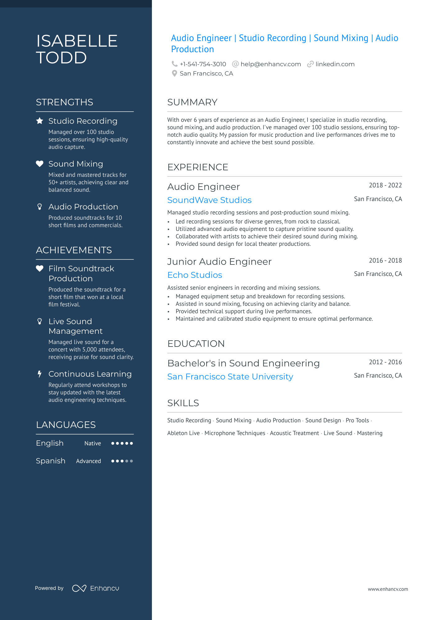 5 Audio Engineer Resume Examples & Guide for 2024