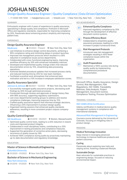 A resume example of a Biomedical Quality Assurance Engineer