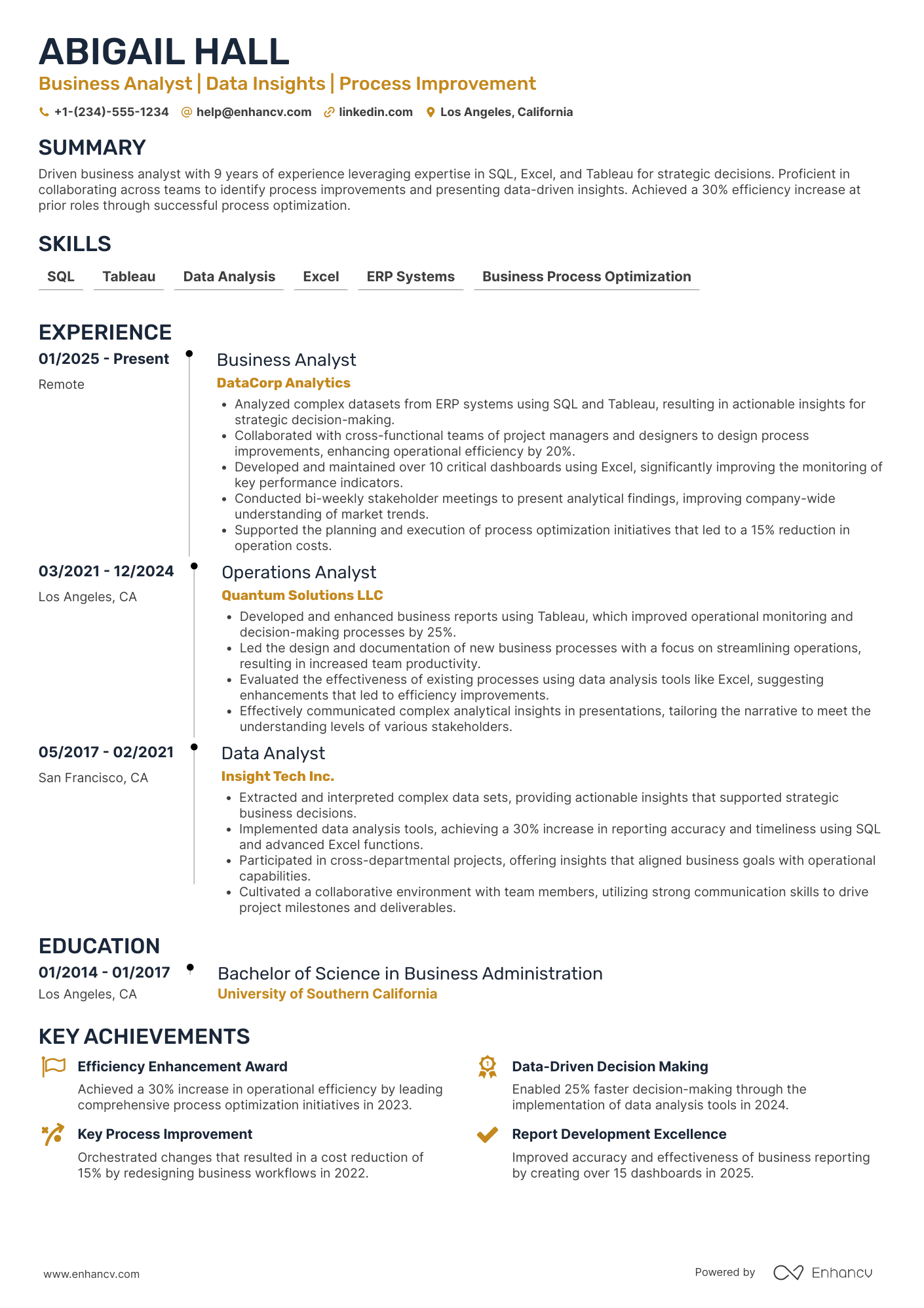 A resume example of a Business Operations Analyst