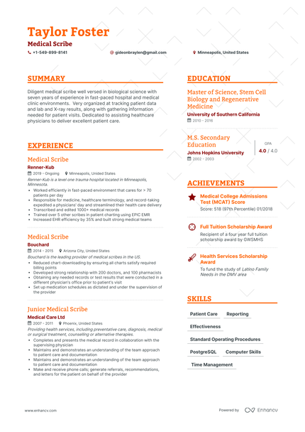 5 Medical Scribe Resume Examples - AHR0cHM6Ly9jZG4uZW5oYW5jdi5jb20vcHJlZGVmaW5lZC1leGFtcGxlcy9XNFJUS1NGUU5BNEtGQjhKSzBzQXlDV2I2bTg2SlFPck1OQ1NQTDJSL2ltYWdlLnBuZw~~. 