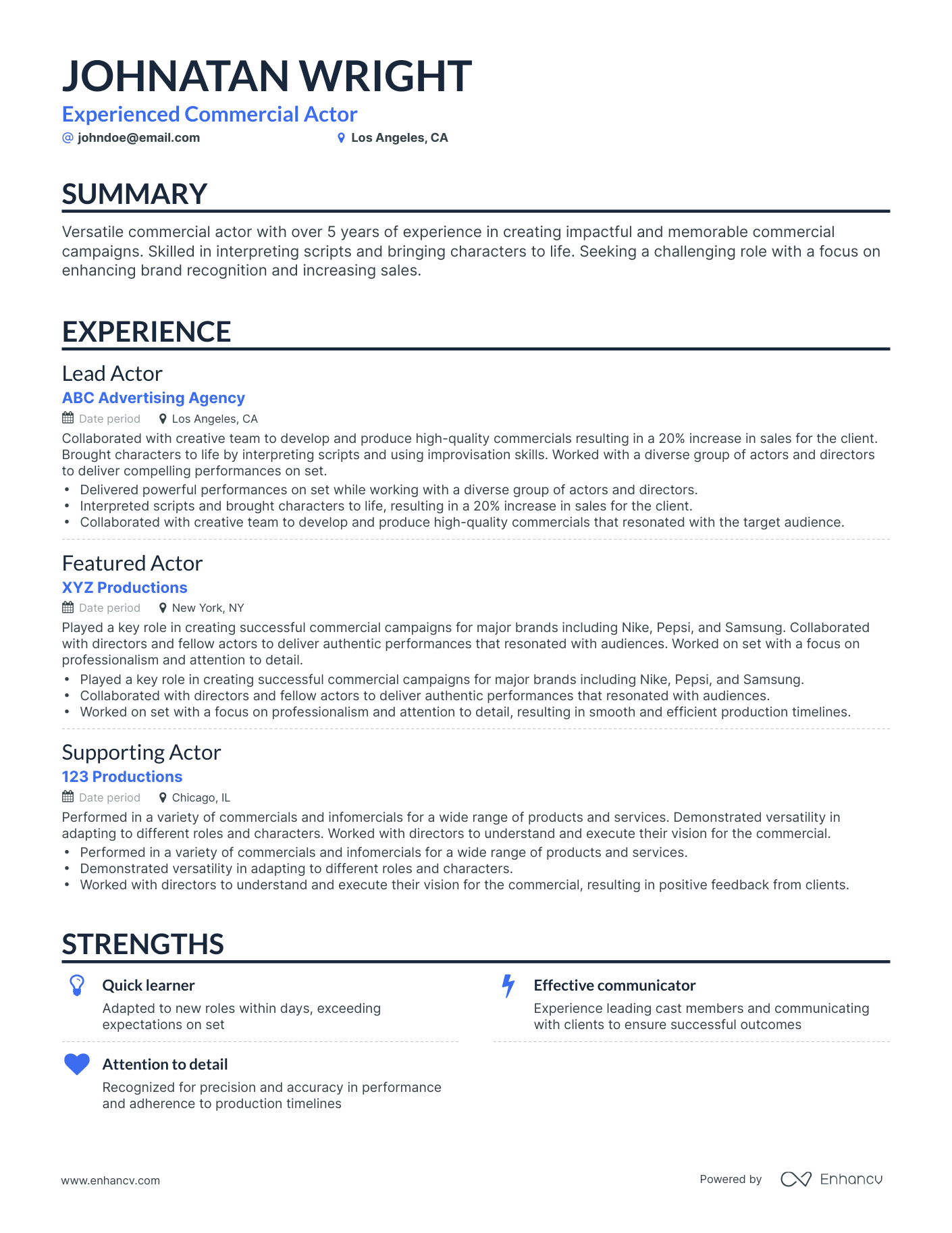 5 Commercial Actor Resume Examples & Guide for 2023