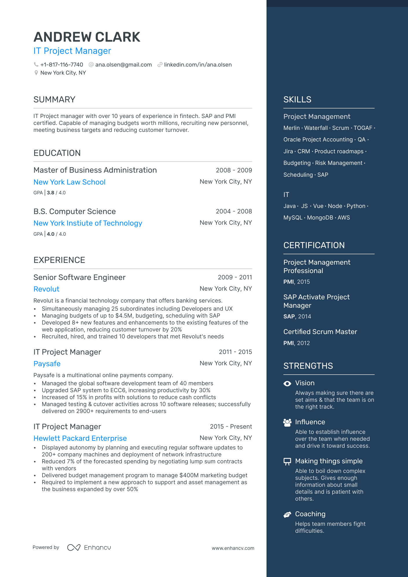 IT Project Manager resume example