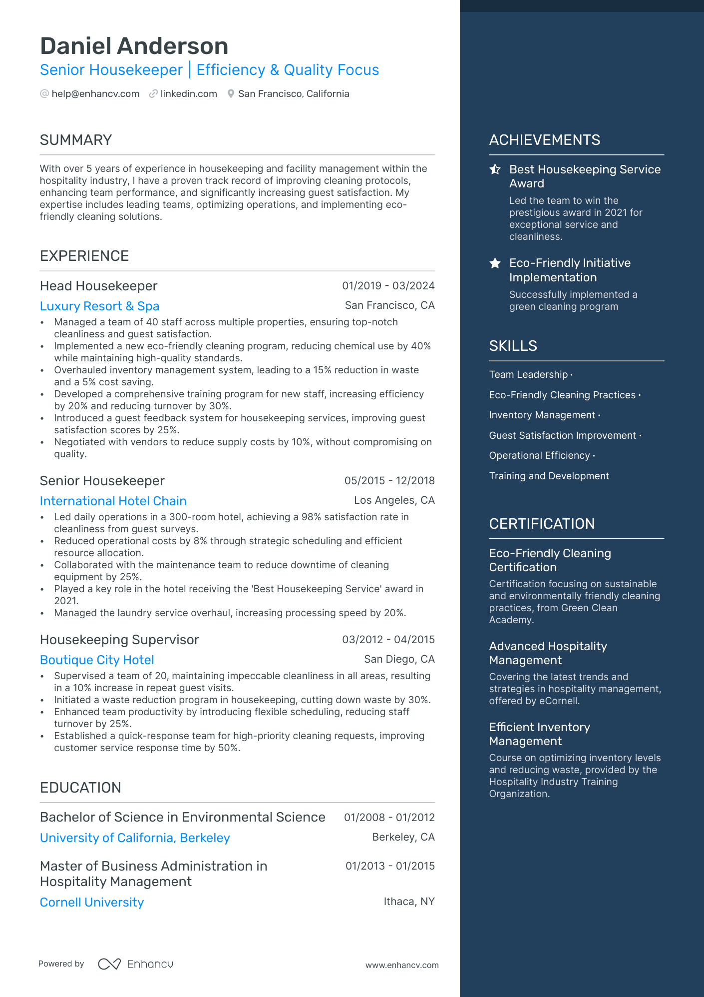 Housekeeper resume example