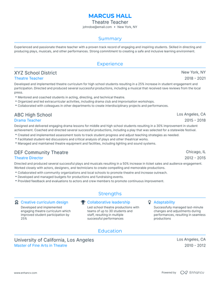5 Theatre Teacher Resume Examples & Guide for 2024