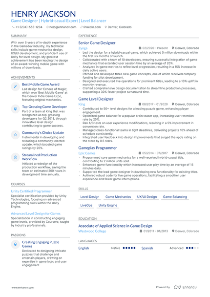 5 Game Designer Resume Examples & Guide for 2024