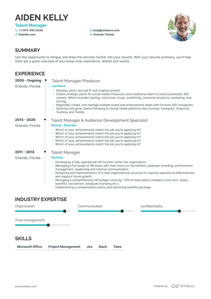 Talent Manager Resume Examples & Guide for 2023 (Layout, Skills ...