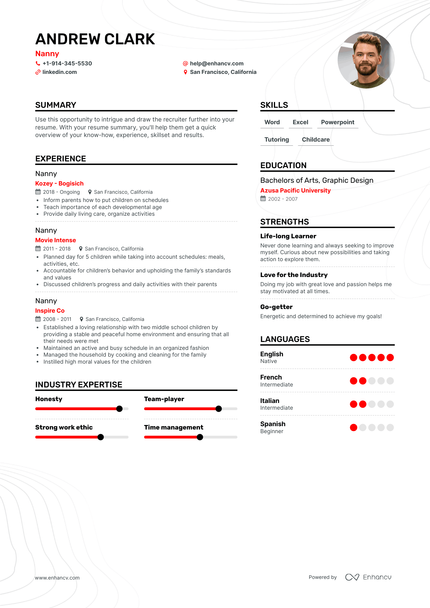 Nanny Resume Examples + Expert Advice | Enhancv.com (Layout, Skills ...