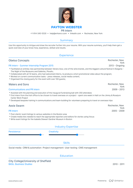 Top Pr Intern Resume Examples & Samples for 2023 | Enhancv.com (Layout ...