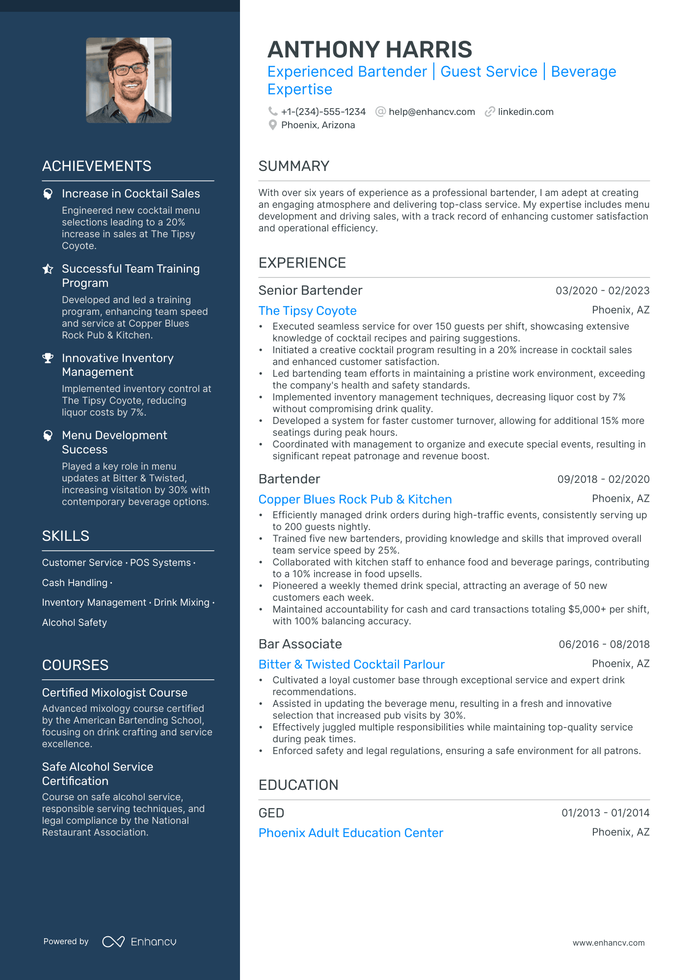 5 High Volume Bartender Resume Examples & Guide for 2024