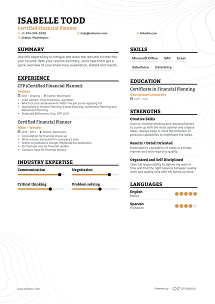 Certified Financial Planner Resume Examples & Guide for 2023 (Layout ...