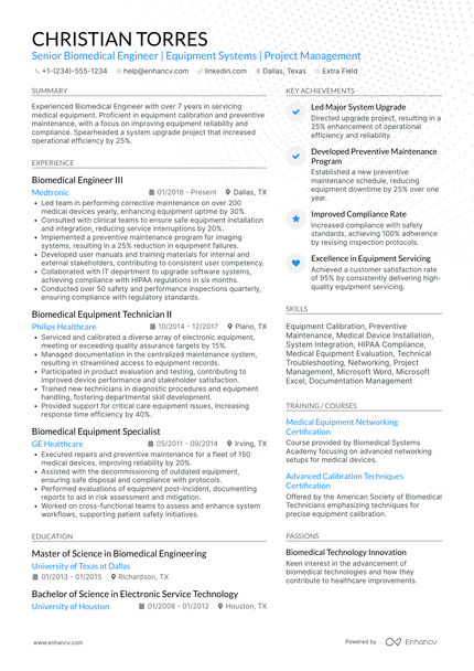 A resume example of a Biomedical Equipment Engineer