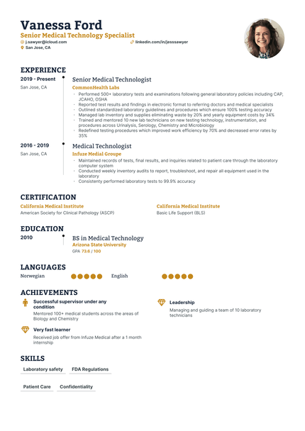 5 Medical Technologist Resume Examples & Guide for 2025