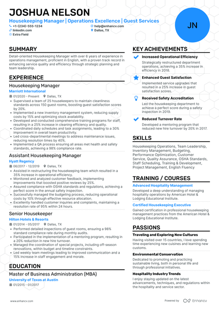 A resume example of a Housekeeper Manager