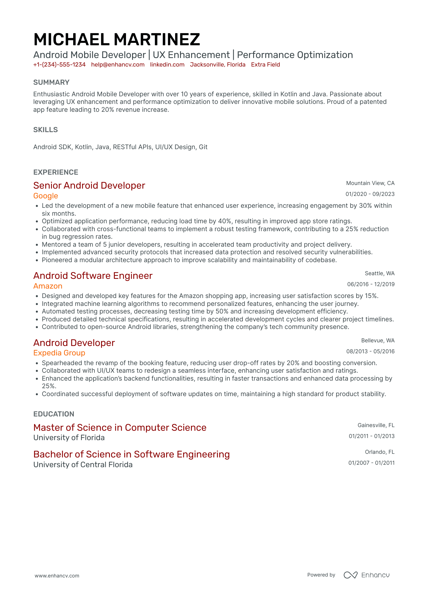 A resume example of a Android Mobile Developer