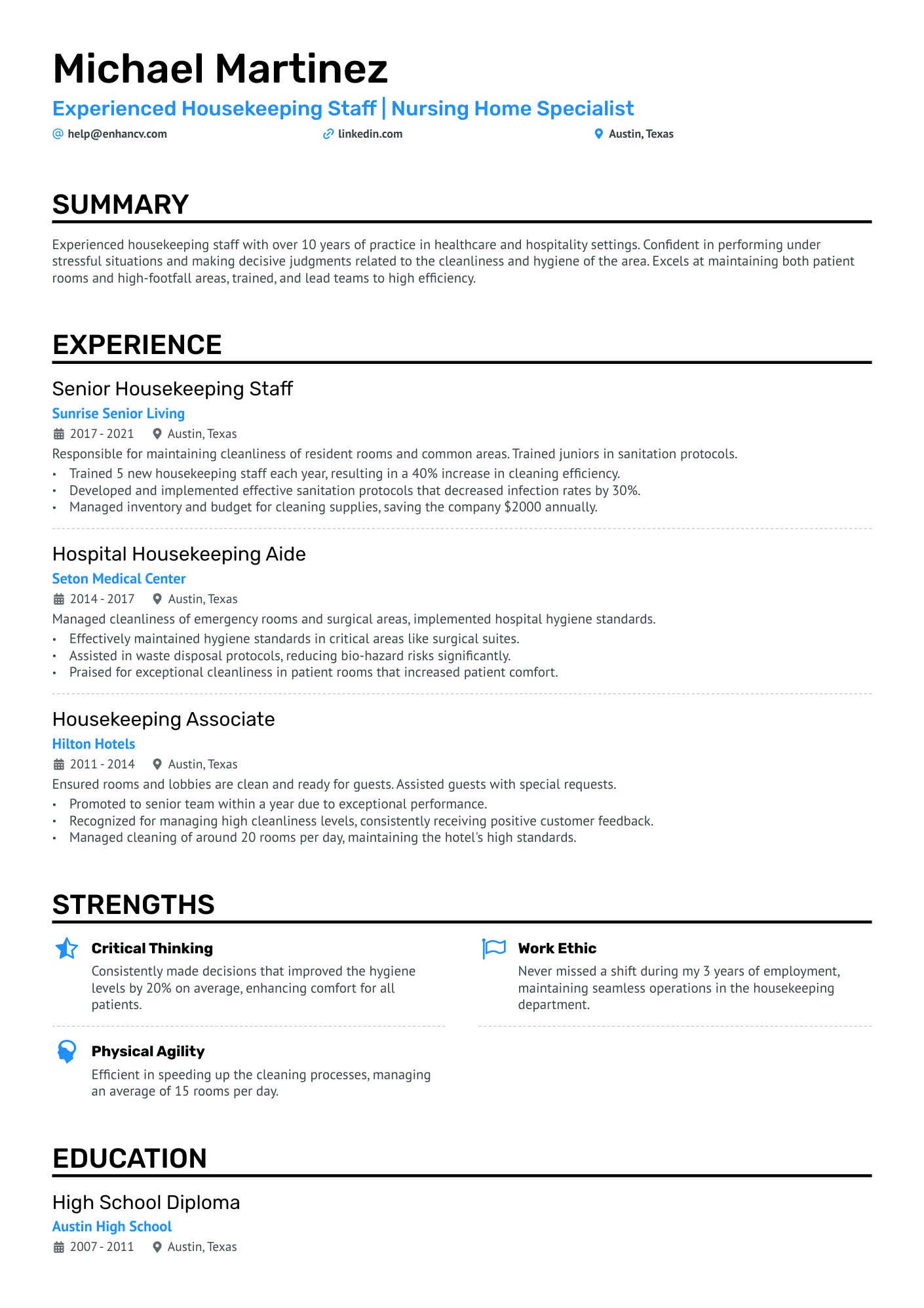 A resume example of a Nursing Home Housekeeping