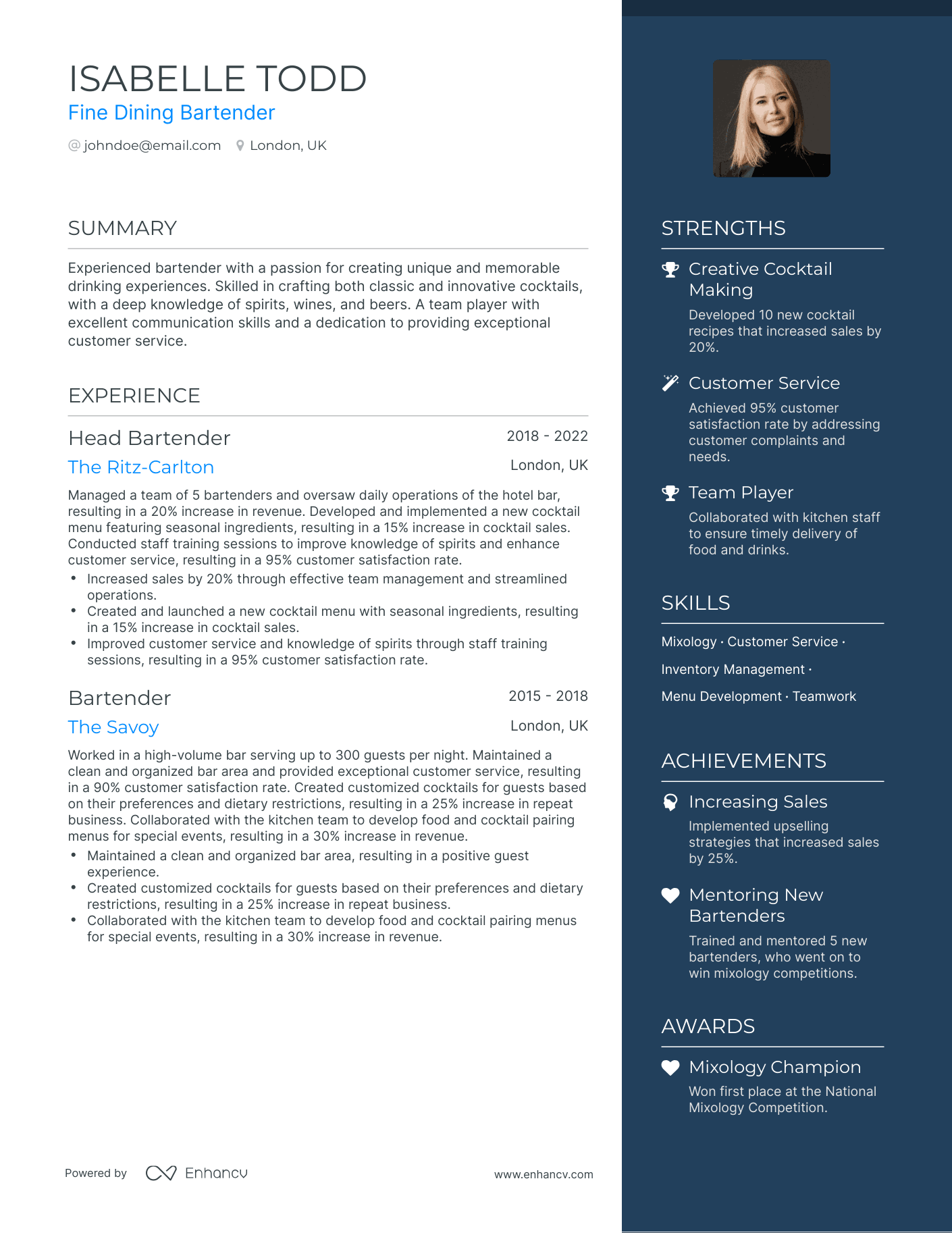 5 Fine Dining Bartender Resume Examples & Guide for 2024