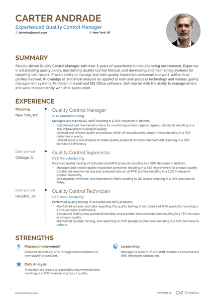 5 Quality Control Manager Resume Examples & Guide for 2024