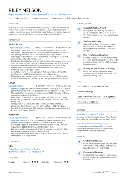 5 Bartender Server Resume Examples & Guide for 2025