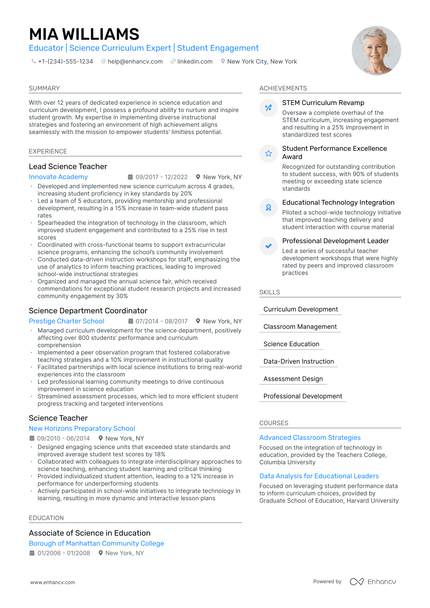 5 Science Teacher Resume Examples & Guide for 2024