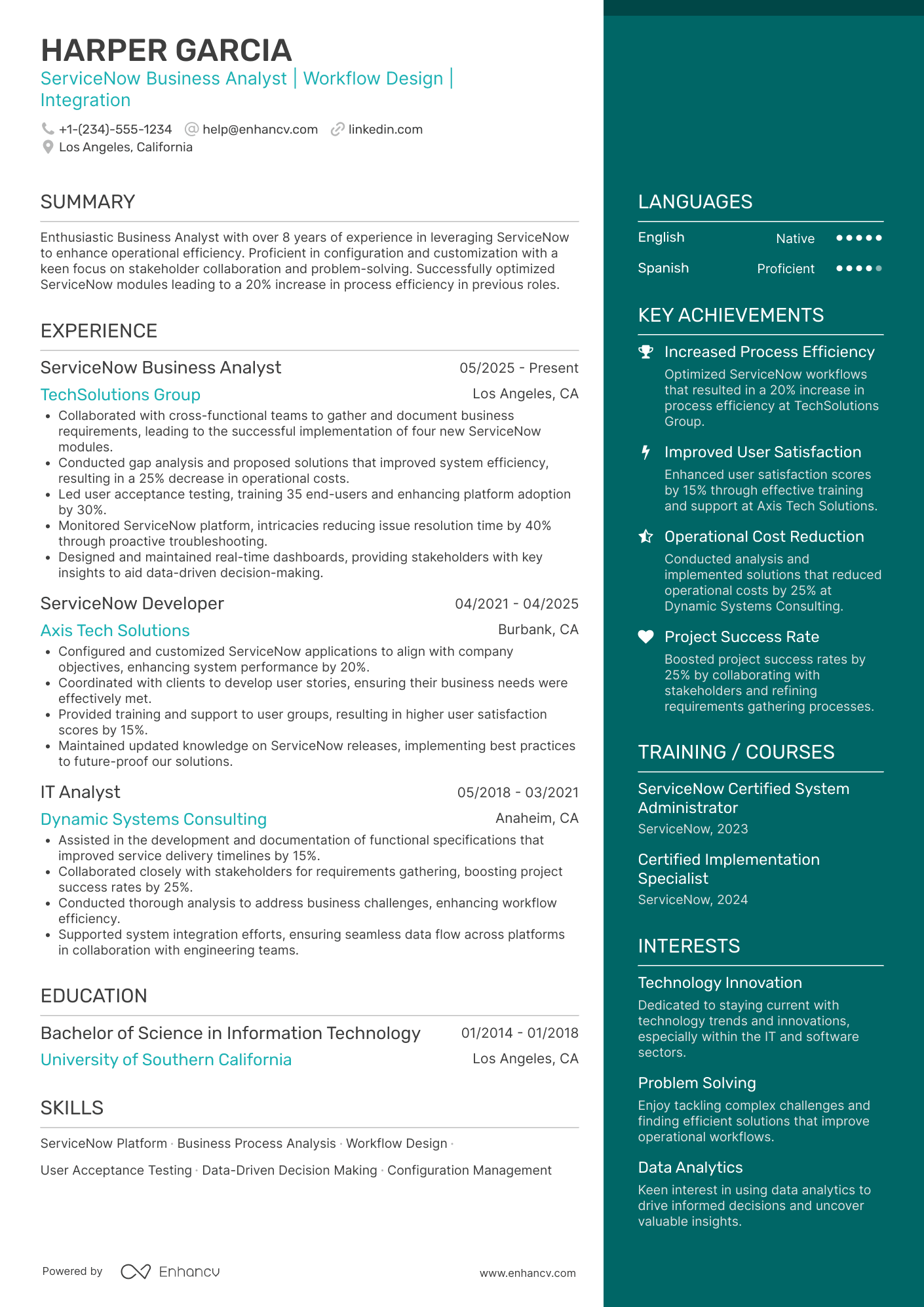 A resume example of a Servicenow Business Analyst