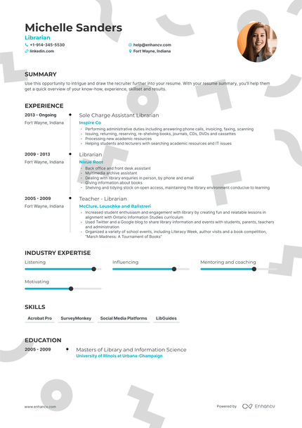 DOWNLOAD: Librarian Resume Example for 2023 | Enhancv.com (Layout ...