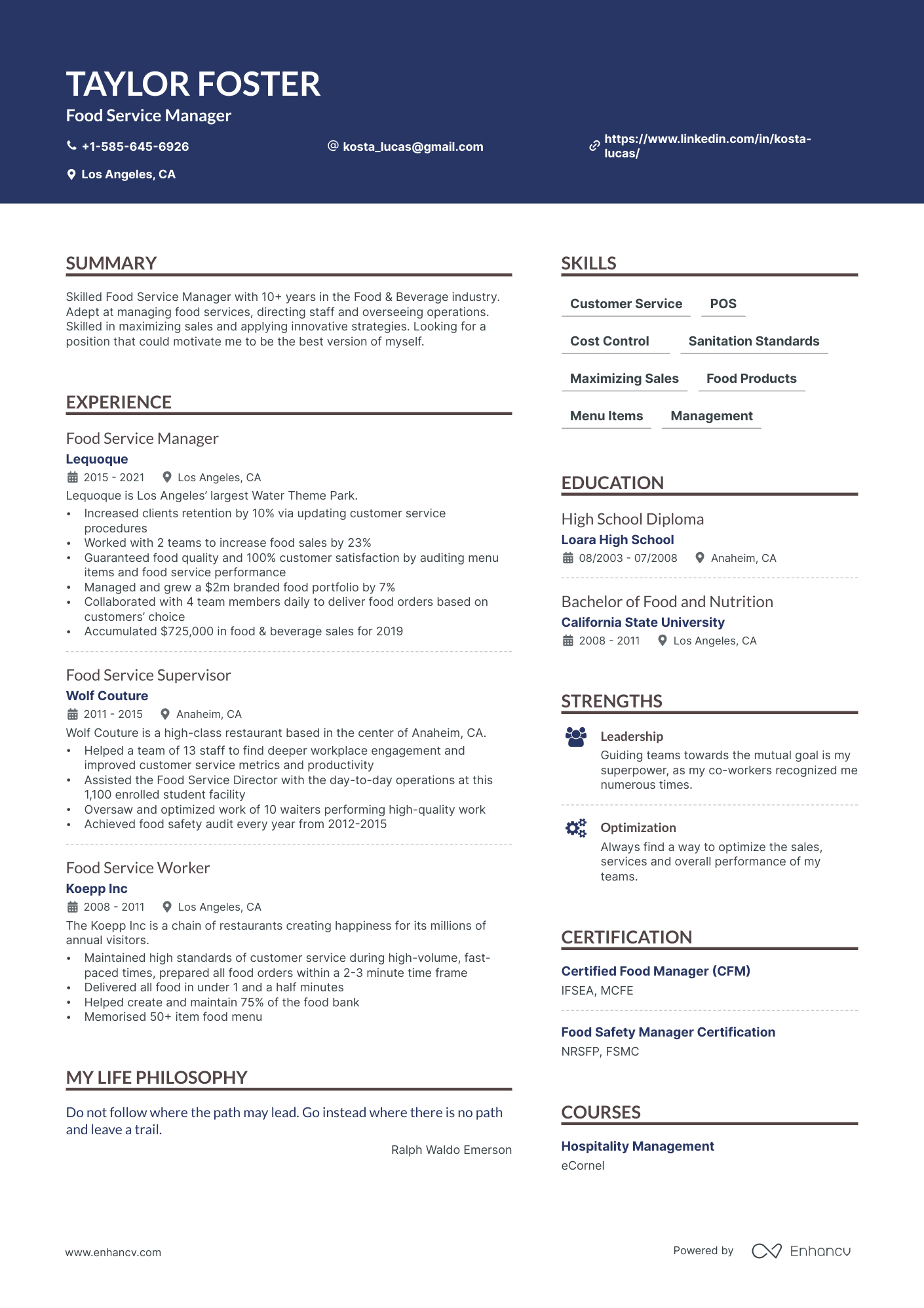 5 Food Service Resume Examples & Guide for 2024