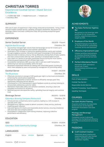 5 Cocktail Server Resume Examples & Guide for 2024