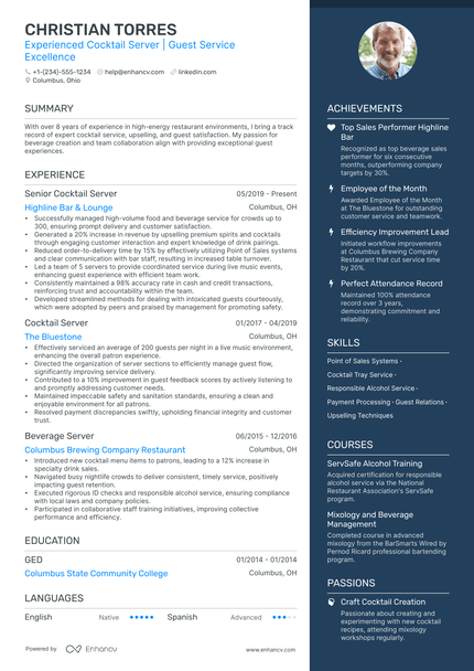 5 Cocktail Server Resume Examples & Guide for 2024