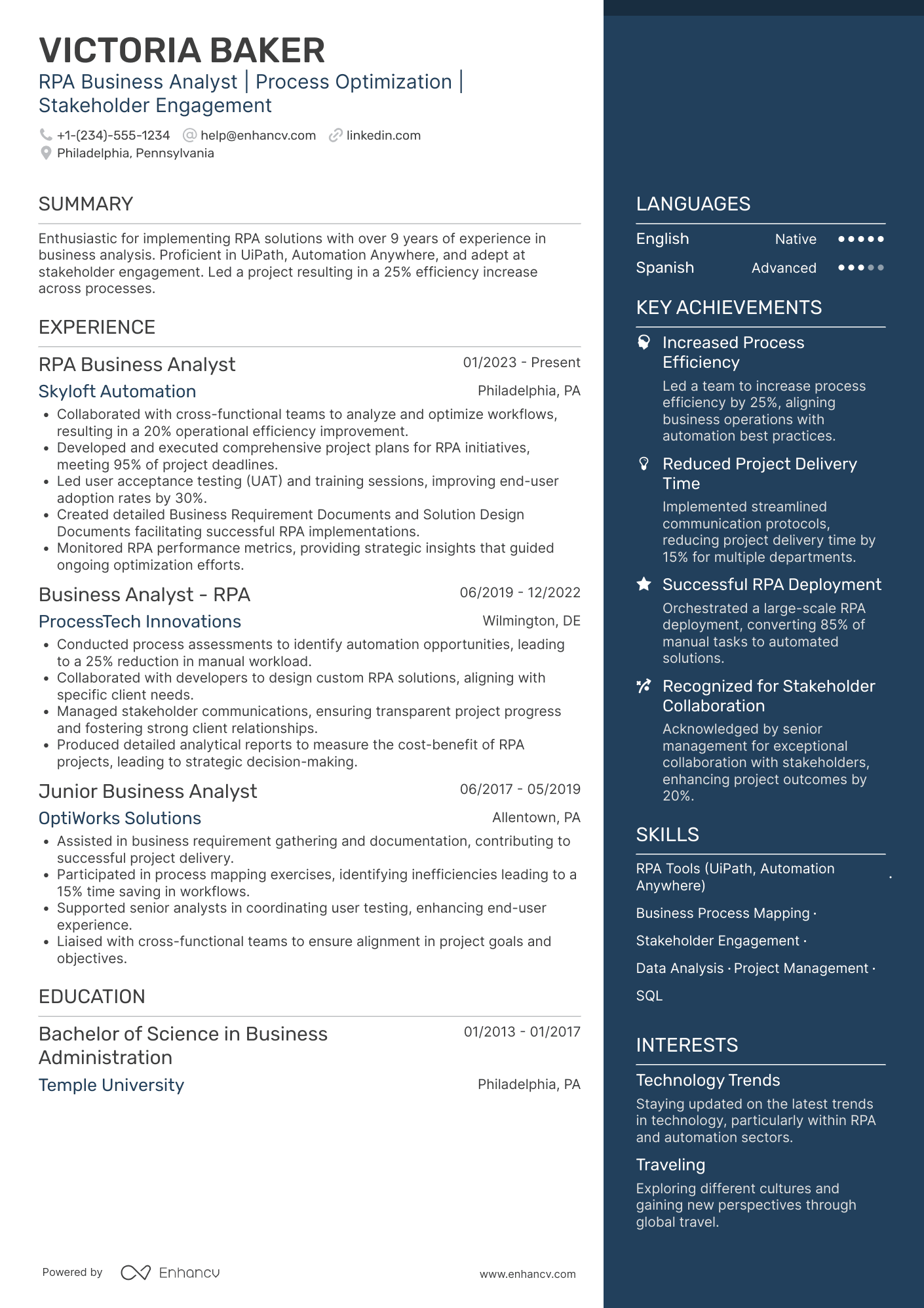 A resume example of a RPA Business Analyst