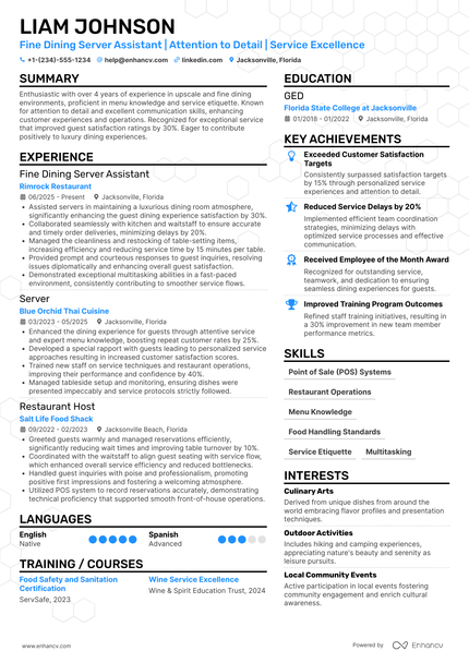 17 Fine Dining Server Resume Examples - March 2026