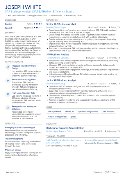 A resume example of a SAP Business Analyst