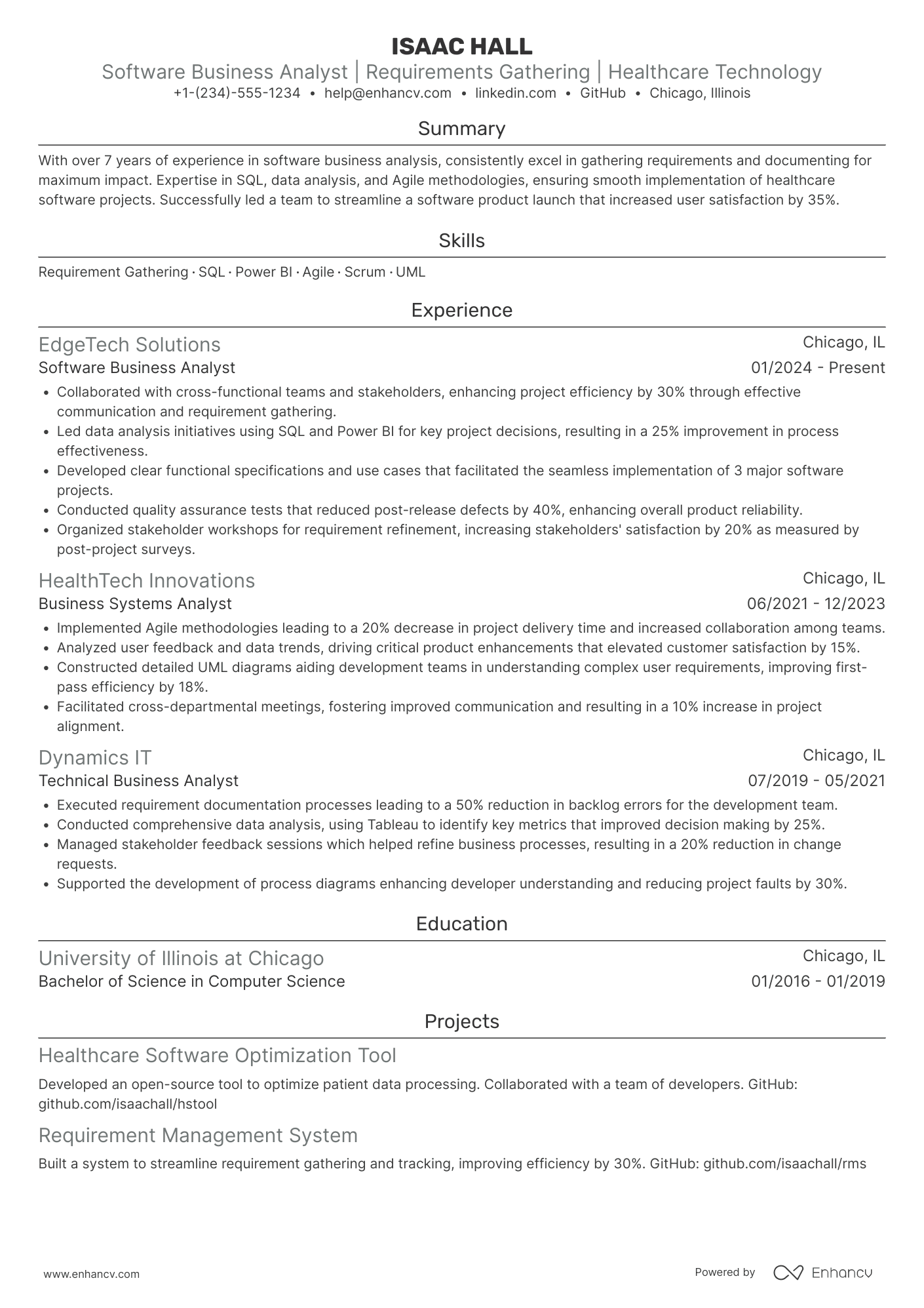 A resume example of a Software Business Analyst