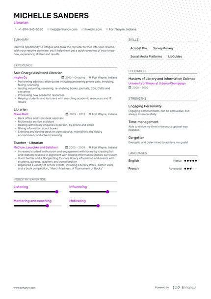 DOWNLOAD: Librarian Resume Example for 2023 | Enhancv.com (Layout ...