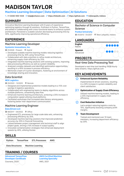 17 Machine Learning Resume Examples & Guide for 2026