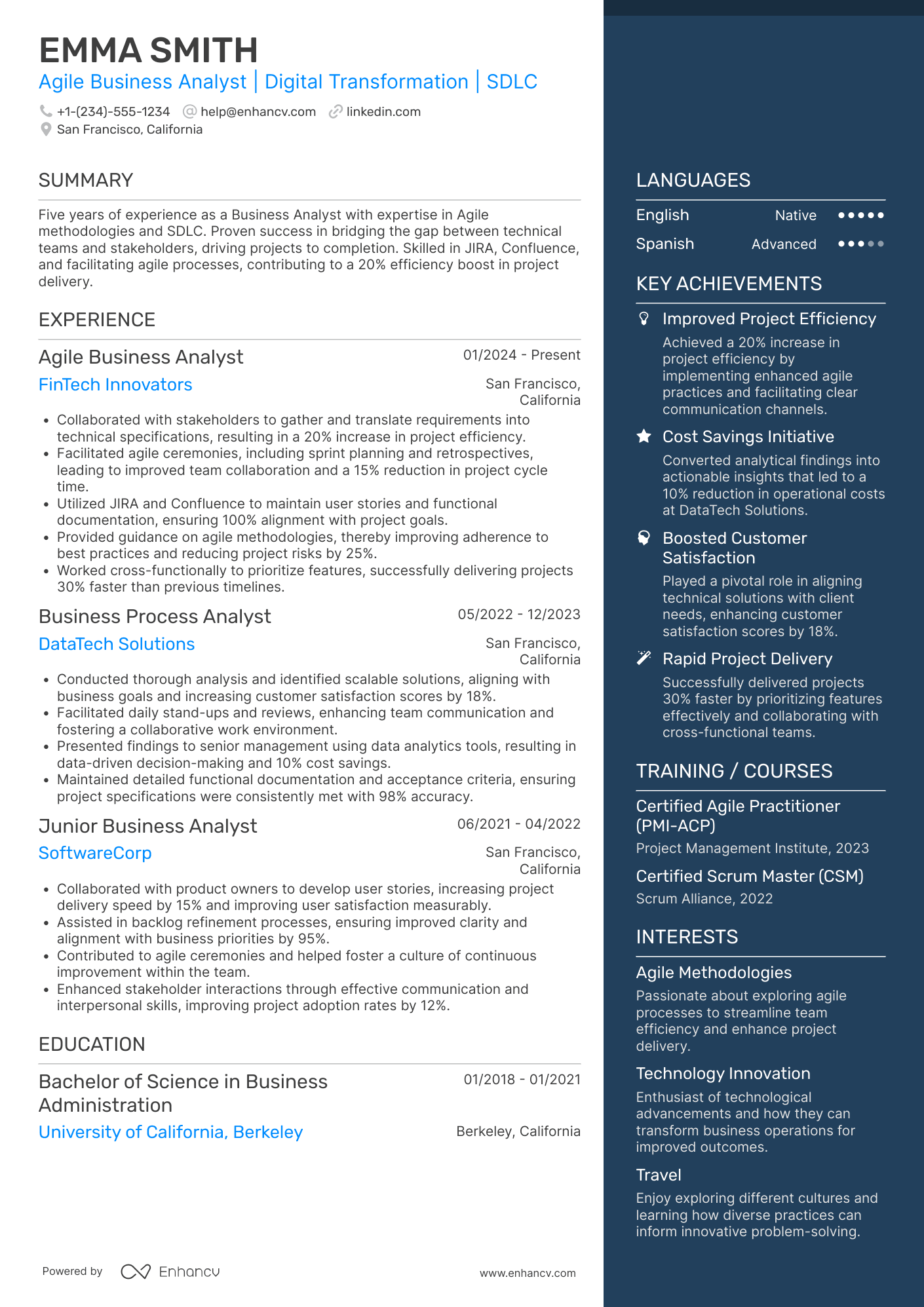 A resume example of a Agile Business Analyst