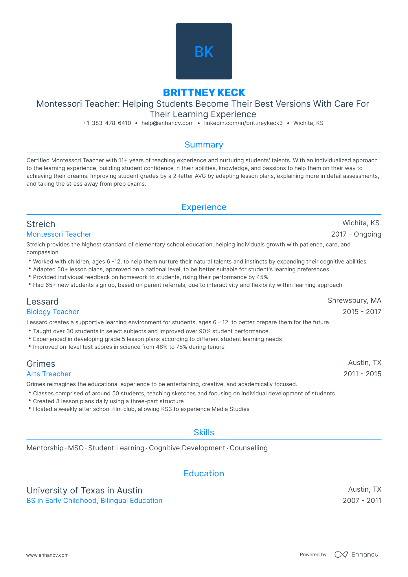5 Montessori Teacher Resume Examples - AHR0cHM6Ly9jZG4uZW5oYW5jdi5jb20vcHJlZGVmaW5lZC1leGFtcGxlcy9sWFA0RGlWcWVFcThvdUxzaFJrMGluSko4eHVUMHR6VkZXVGo2azdKL2ltYWdlLnBuZw~~. 