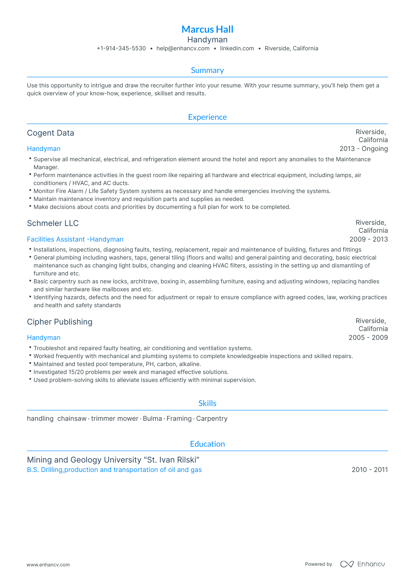 DOWNLOAD: Handyman Resume Example for 2023 | Enhancv.com (Layout ...