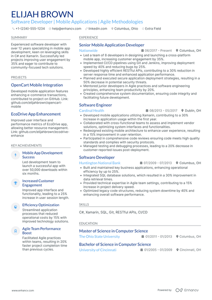 A resume example of a Android Software Developer