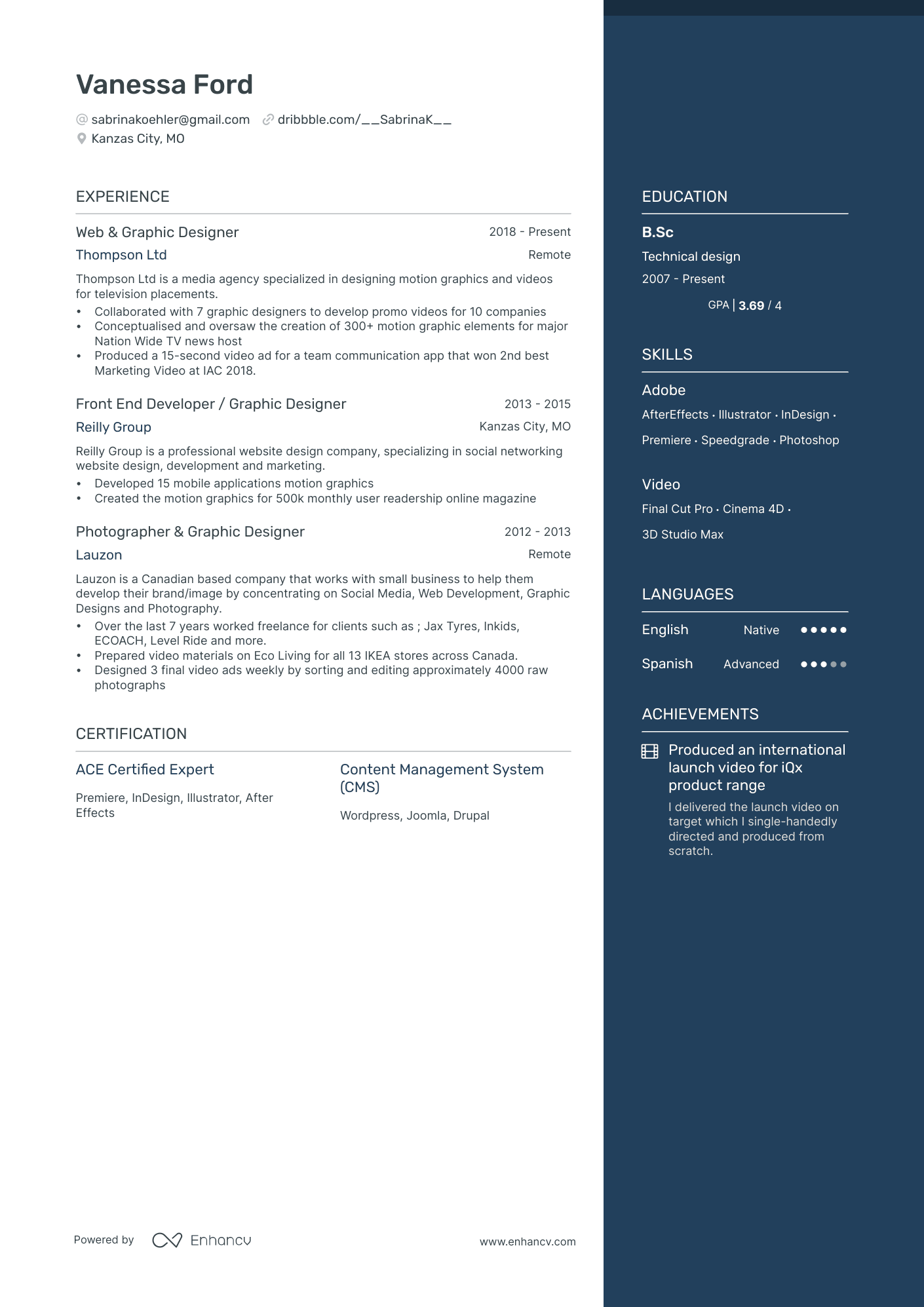 Motion Graphics resume example