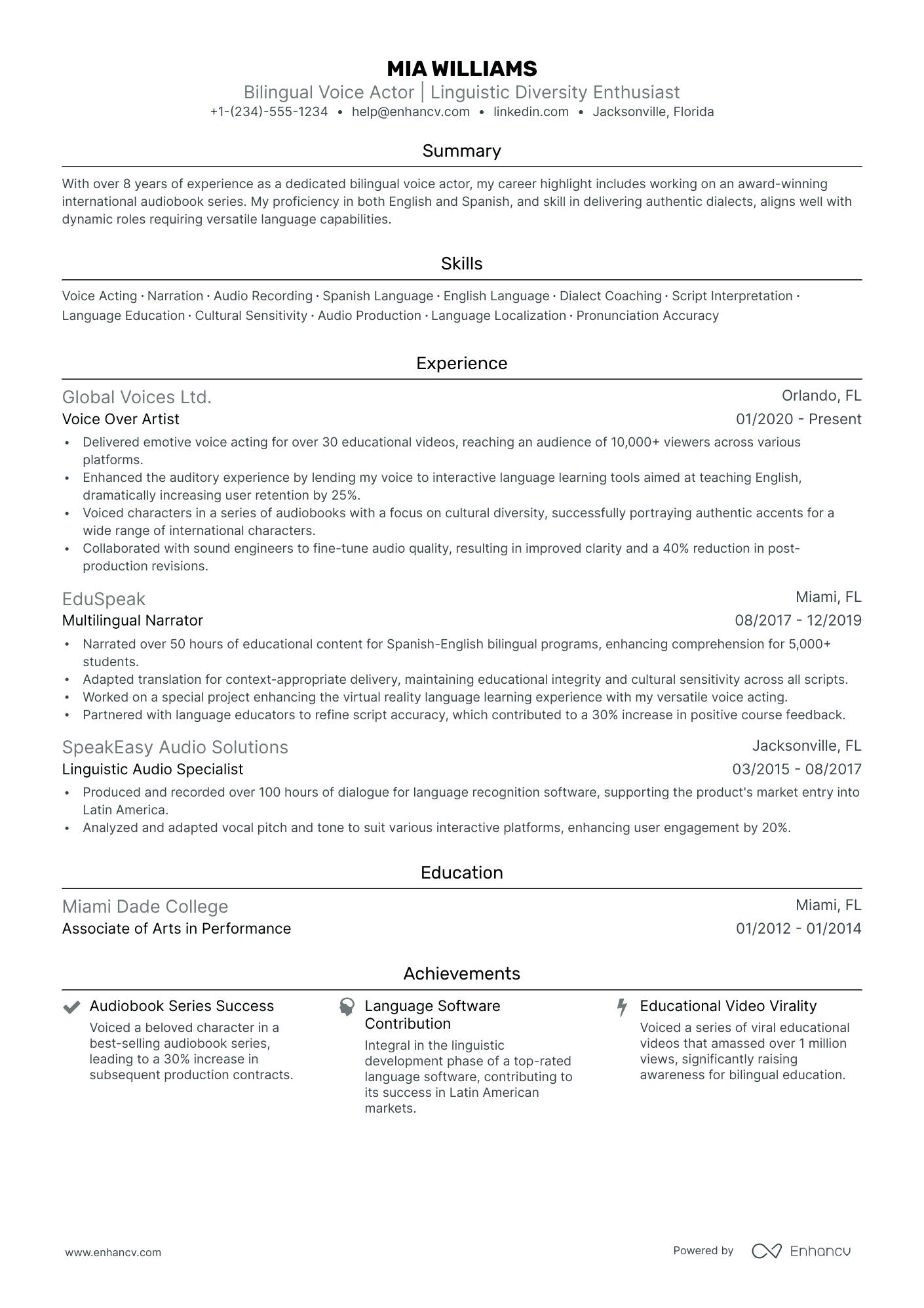 5 Voice Actor Resume Examples & Guide For 2024